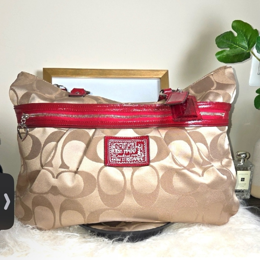 Coach Poppy Khaki and Red Signature Tote Bag! EUC!!